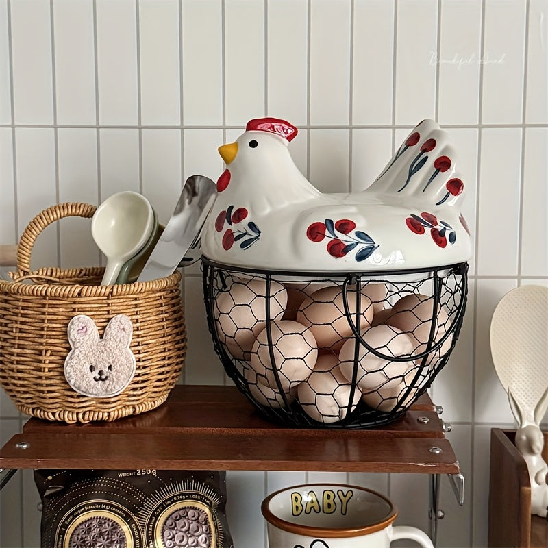 Cesta de huevos de alambre de metal cerámico rústico con tapa - Organizador de almacenamiento de cocina multifuncional para frutas y verduras, decoración duradera y elegante con diseño floral, soporte de huevos para refrigerador.