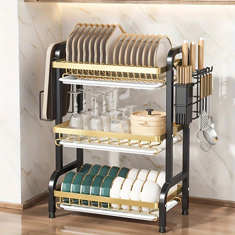 Escurridor de Platos de 2/3 Niveles, con Bandeja de Drenaje y Plato Goteador, Organizador de Cubiertos, Soporte para Cuchillos y Tenedores, Tabla de Cortar, Porta Palillos, Apto para Encimeras de Cocina, Accesorios de Cocina