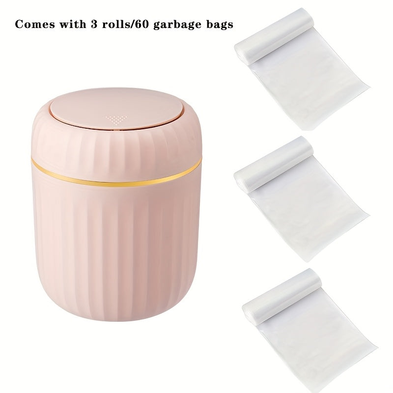 Bote de basura de escritorio con tapa de presión de 1 toque, diseño acanalado para control de olores, cilíndrico compacto para oficina, hogar, escritorio, sala de estar o estudio, en blanco con detalles amarillos, mini bote de basura para escritorio, org