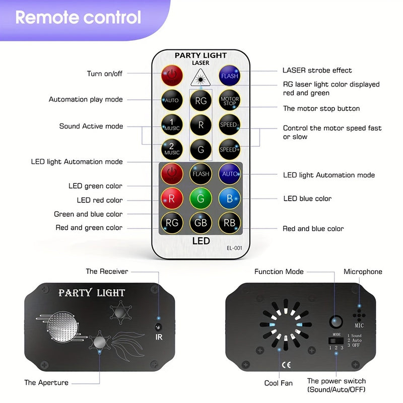 Luces de Escenario Láser RGB para DJ - Proyector LED con Sincronización Dinámica de Voz - Control Remoto para Karaoke, KTV, Fiestas de Baile, Cumpleaños, Bodas - Crea un Ambiente Inolvidable