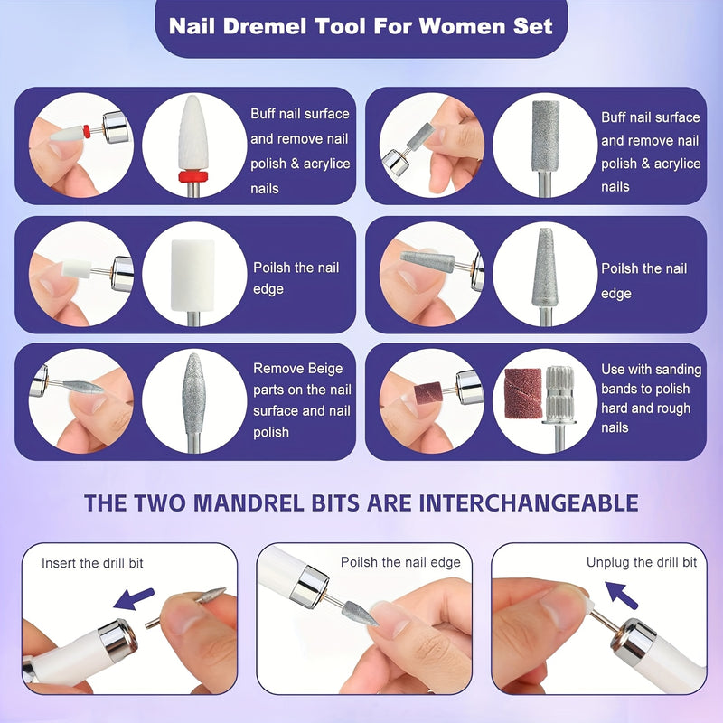 Broca Eléctrica Portátil para Uñas, Juego Compacto de Lima Profesional para Acrílico y Gel, Herramientas de Manicura y Pedicura con Estilo para Uso en Salón o Hogar, Color Blanco