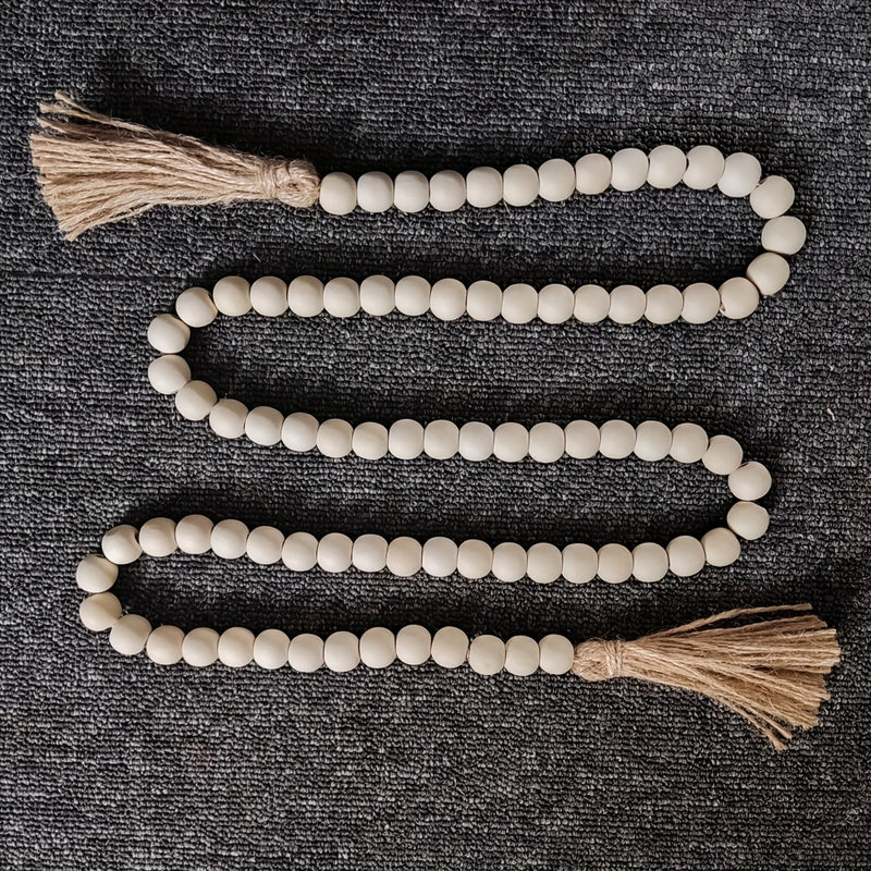 Guirnalda de cuentas de madera vintage con borlas de yute - 142cm Color madera natural, decoración para el hogar rústico para colgar o exhibir, estilo granja, no necesita electricidad, decoración de granja | Estética natural | Guirnalda de borlas de yute