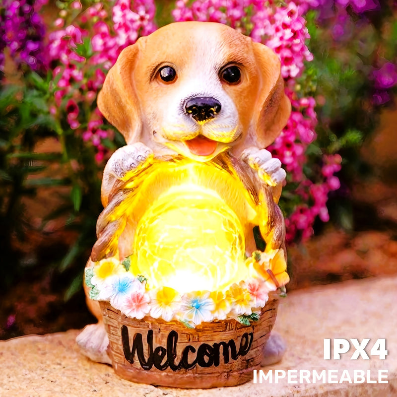 1pc Decoración De Jardín Perro Energía Solar Animal Decoración Señal De Bienvenida, Estatua Luz Nocturna, Luz De Resina Artesanal De Jardín