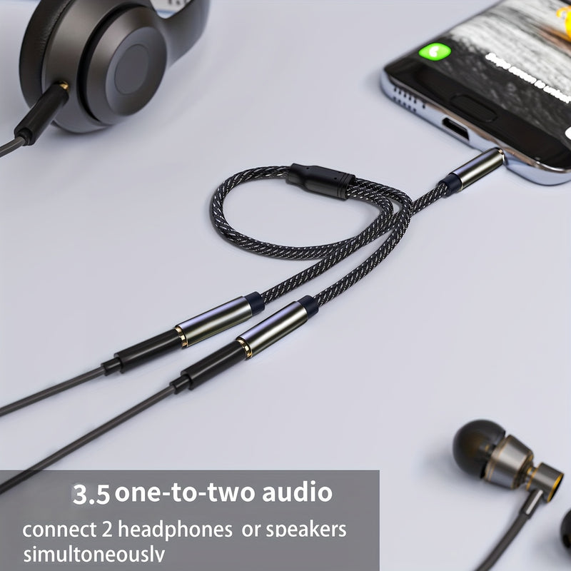 Divisor de auriculares 1 a 2, cable de extensión auxiliar estéreo de audio 3,5 mm con enchufes de auriculares dobles, compatible con auriculares para for iphone, for Samsung, for iPad y tabletas, en negro.