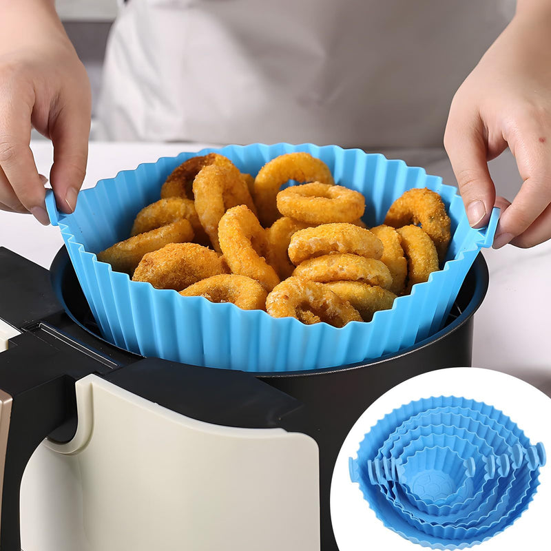 Juego de 7 piezas: 6 fundas de silicona de tamaño múltiple para freidora de aire + 1 molde de pastel de 7 agujeros - Bandejas de hornear azules no adherentes con bordes ondulados, perforadas para una cocción uniforme, fácil limpieza - Herramientas de hor