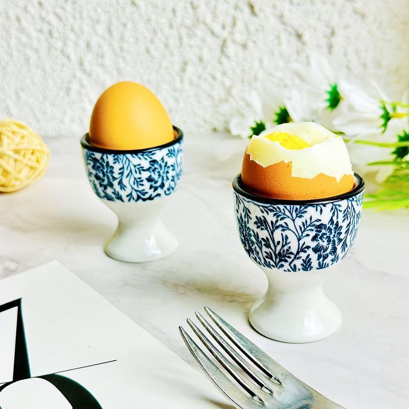 1 Juego/2 Piezas, Taza Para Huevos, Bandeja Para Huevos, Estilo Azul Y Blanco, Color Subrayado, Taza Para Huevos Con Imagen, Para Dieta Diaria, Para Contener Huevos Comestibles, Ideal Para Desayuno, Cena, Etc., Se Puede Usar Para Comidas Familiares, Rega