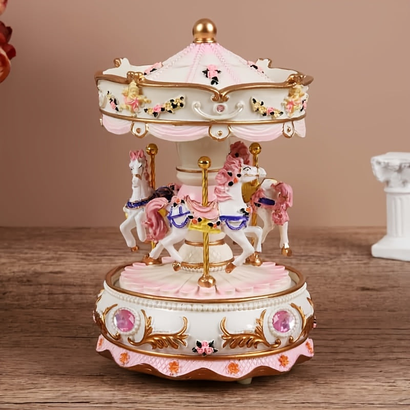 1 Pieza de Elegante Caja de Música Carrusel con Manivela - Decoración para el Hogar en Resina con Diseño Floral, Toques Rosados y Dorados y Detalles de Piedras Preciosas, Ideal para Sala u Oficina, Estética Decorativa