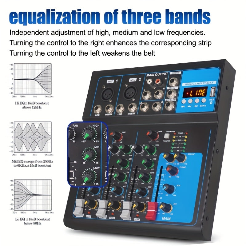 Consola mezcladora profesional NXG de 4 canales con efecto DSP, USB/MP3 para presentaciones en vivo, karaoke y transmisiones, cuerpo de aleación, operación con fuente de alimentación, enchufe para 110-130V