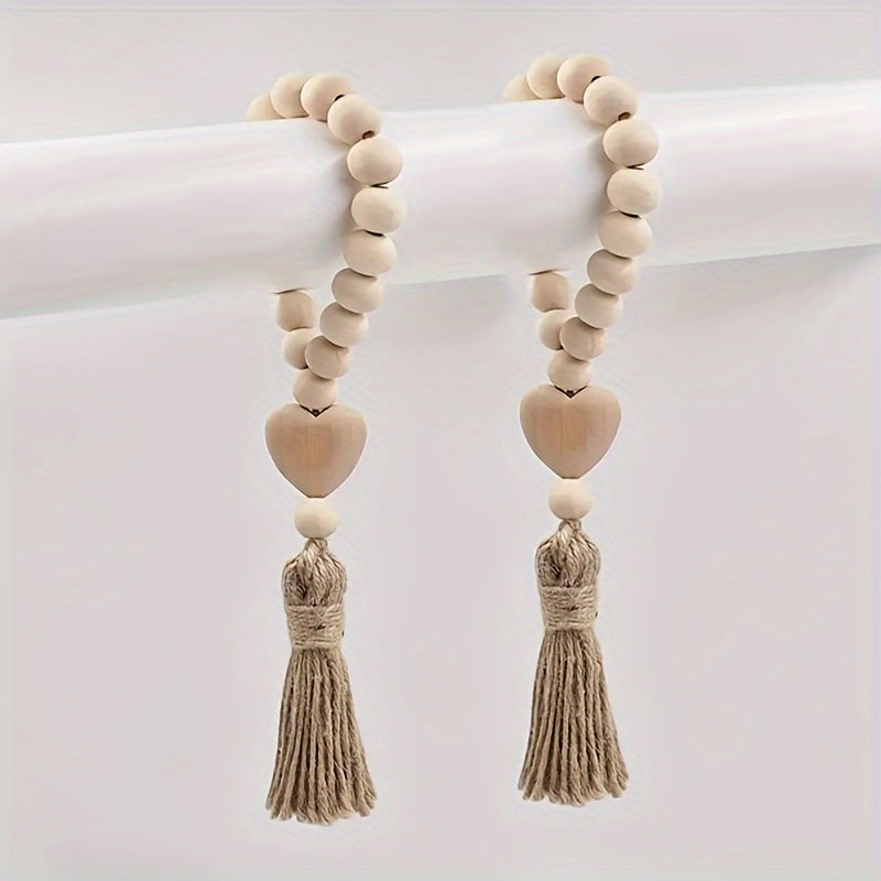 1 pieza de guirnalda de cuentas de madera con borla en forma de corazón - Decoración romántica para el hogar en el Día de San Valentín, estilo moderno, cuentas de madera natural, no requiere batería, ideal para sala de estar o dormitorio.