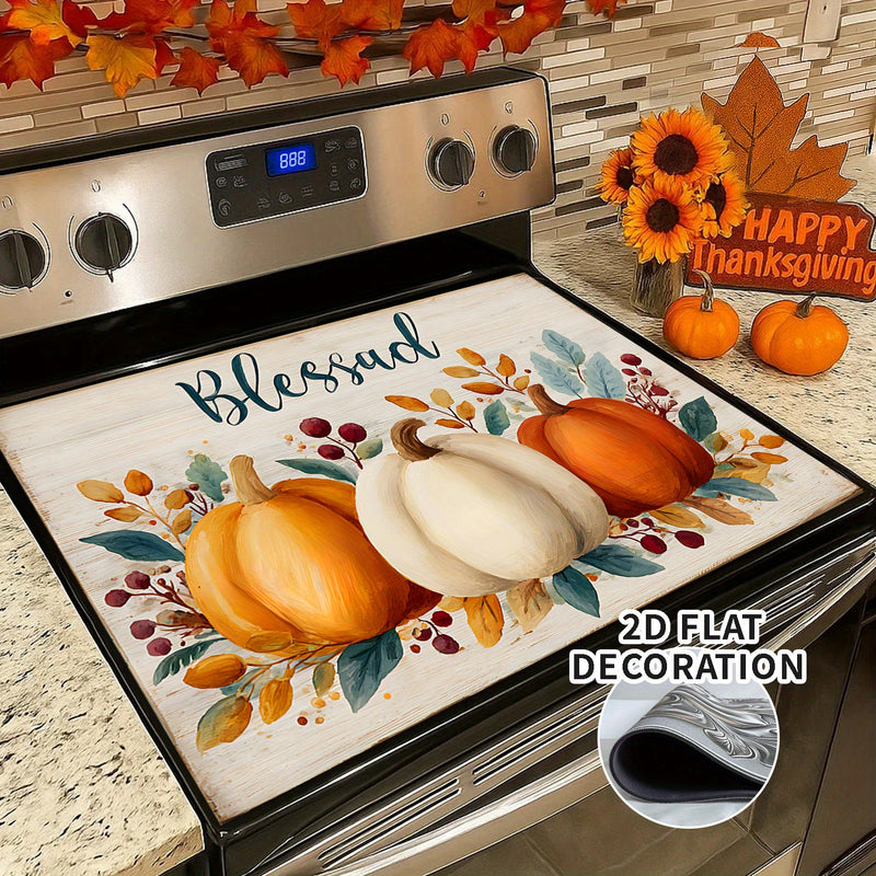 1pc Cubierta para Estufa de Acción de Gracias - con Letras Bendecidas, Revestimiento Antideslizante de Goma, Decoración de Cocina Otoñal para Estufas de Gas/Eléctricas, Diseño Floral de Calabaza en Naranja/Beige, Compatible con la Mayoría de Estufas - Fá