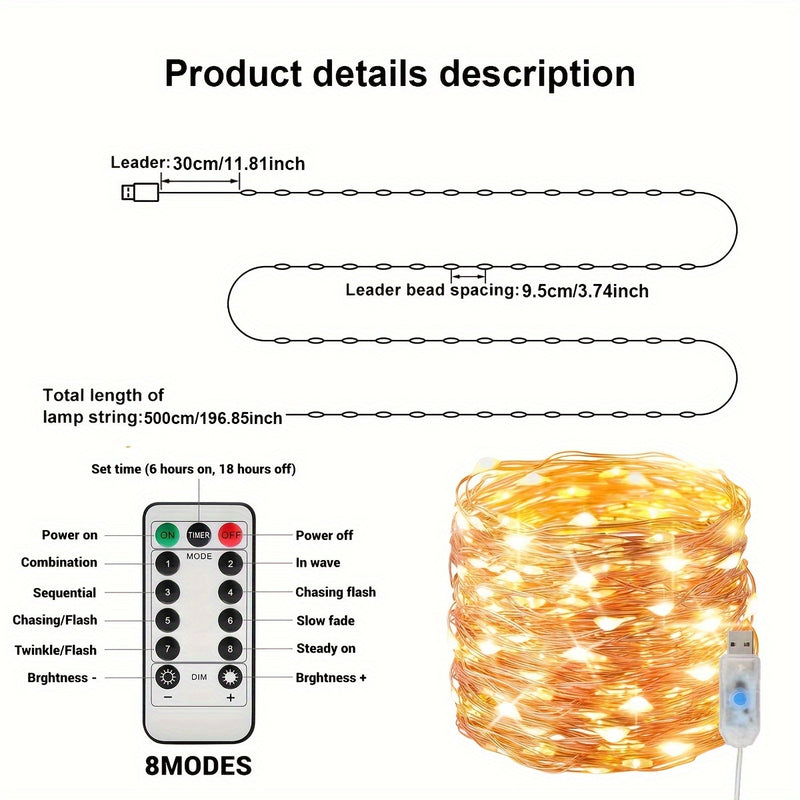 1pieza Árbol de Navidad y Luces de Hadas con Alimentación USB, 8 Modos, Control Remoto, Clasificación IP44 - Ideal para Hogar, Boda, Fiesta, Cumpleaños, Decoraciones de Halloween, Acento de Sala Festivo|Acento de Sala Festivo|Luces LED Duraderas, Decorac