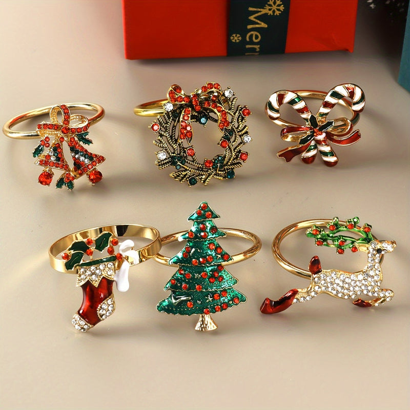 Servilletas de Navidad de 6 piezas - Decoración festiva de mesa de hierro fundido con diseños de árbol, campana, ciervo, corona, bastón de caramelo y bota para cenas navideñas