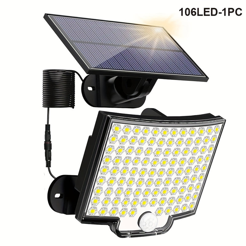 Lámpara solar para exteriores con 106 LED, control remoto, 3 modos de iluminación y sensor de movimiento, para jardín, patio, estadio, parque, hotel, cochera, traspatio, terraza y caminos - Material ABS, sin pilas, luces LED, faroles