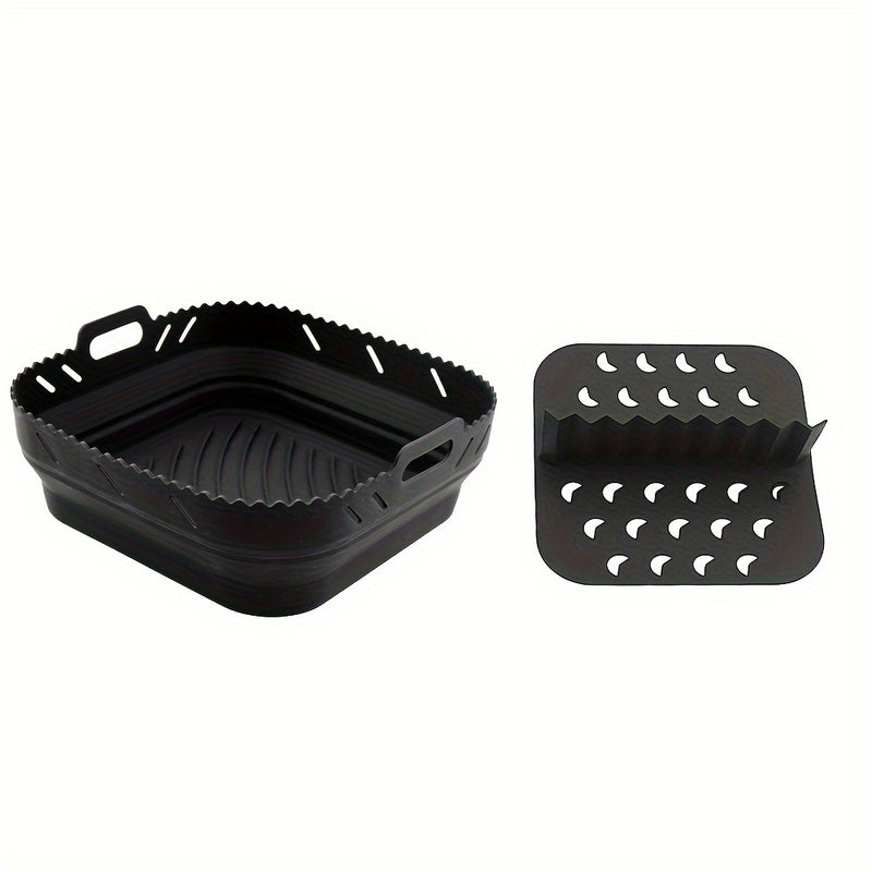 Conjunto de 2 piezas de Bandeja de Silicona para Freidora de Aire de Alta Calidad, 21.59 cm Cuadrada, Resistente al Calor, Fácil de Limpiar, Lavable en Platos, Negro/Gris
