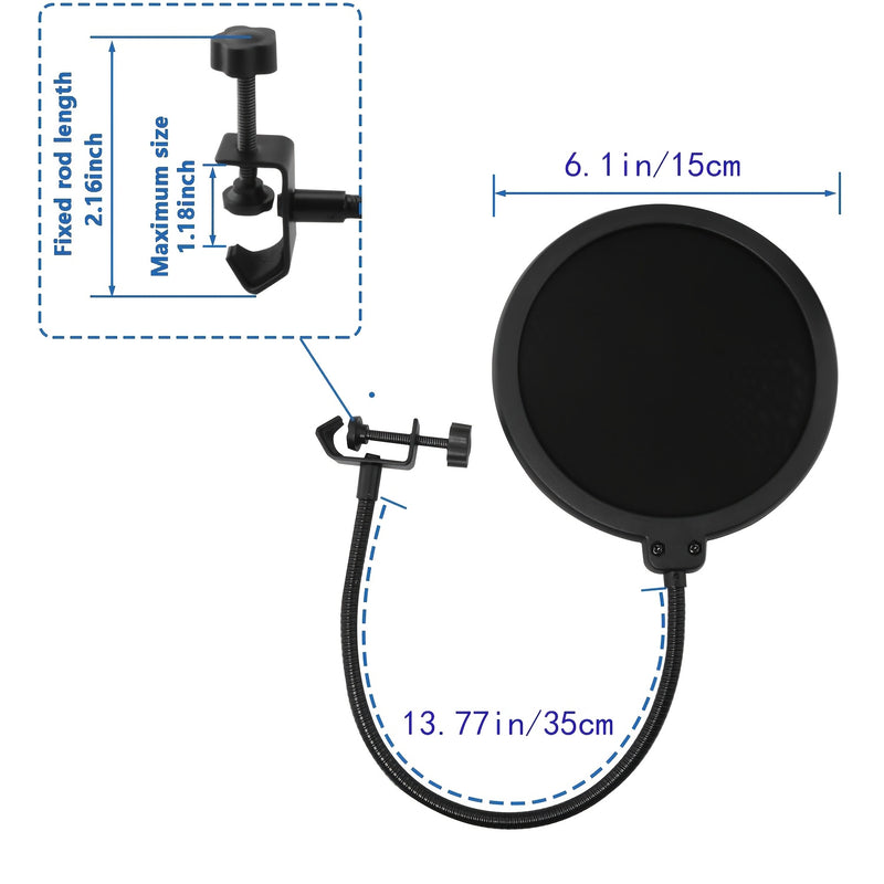 1pc Filtro de malla doble de 6 pulgadas con malla insonorizante, abrazadera de goose neck de 360 grados, brazo estable para karaoke en vivo, grabación de voz en estudio - Negro