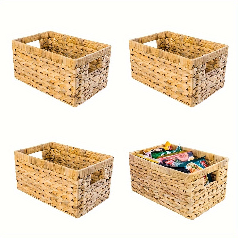 4pcs Cestas de Mimbre de Jacinto de Agua con Asas Incorporadas - Solución de Almacenamiento Versátil para el Hogar, Oficina y Organización de Dormitorios, Organizador de Escritorio y Cajón para Almacenamiento en Casa