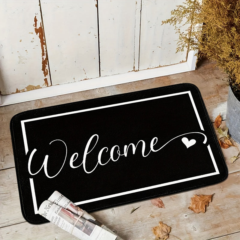 1 pieza de alfombrilla de bienvenida negra con letras blancas - Antideslizante, fácil de limpiar, lavable en máquina, tejido de poliéster, capa de esponja de alta densidad y puntos de PVC para un agarre seguro - Ideal para uso interior/exterior, alfombri