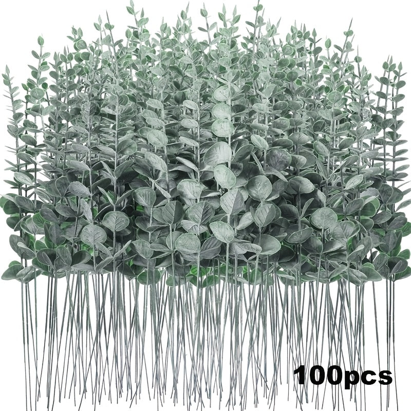 100 piezas de tallos de eucalipto artificiales, hojas de verde artificial, ramas de eucalipto de plástico para centro de mesa de bodas, ramo de flores, decoración de hogar de granja, ocasión de compromiso - Verde oscuro