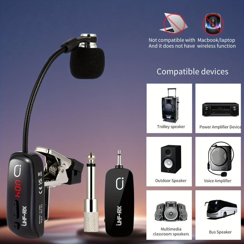 Sistema de Micrófono sin varillas UHF para Saxofón, Micrófono Clip-On para Instrumentos con Transmisor y Receptor, Distancia de Transmisión hasta 48.77 metros, Recargable Apto para Trompeta, Trompa, Violonchelo, Incluye Estuche de Almacenamiento
