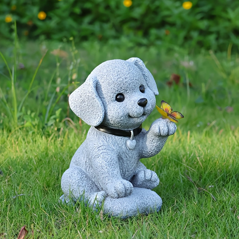 Estatuilla solar de cachorro con jardín de mariposas, decoración exterior en resina azul para patio, balcón o porche, incluye panel solar, resistente a la intemperie y diseño de alta calidad