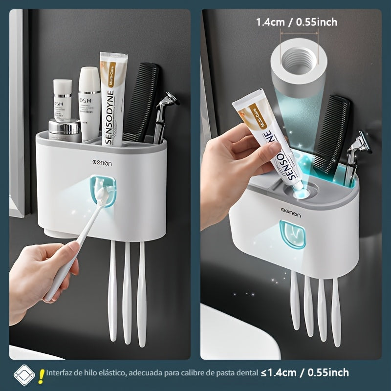 Un conjunto de soportes para cepillos de dientes con 4 ranuras para cepillos de dientes y un dispensador automático de cepillos de dientes con una taza magnética, un contenedor multifuncional para cepillos de dientes y un conjunto de accesorios para baño.