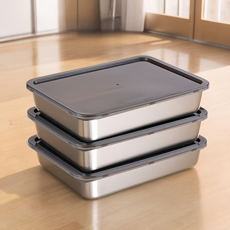 Juego de 3 contenedores de almacenamiento de alimentos de acero inoxidable con tapas negras, aptos para microondas, a prueba de fugas, reutilizables, forma cuadrada, cierre de tapa giratoria, uso múltiple, aptos para contacto con alimentos.
