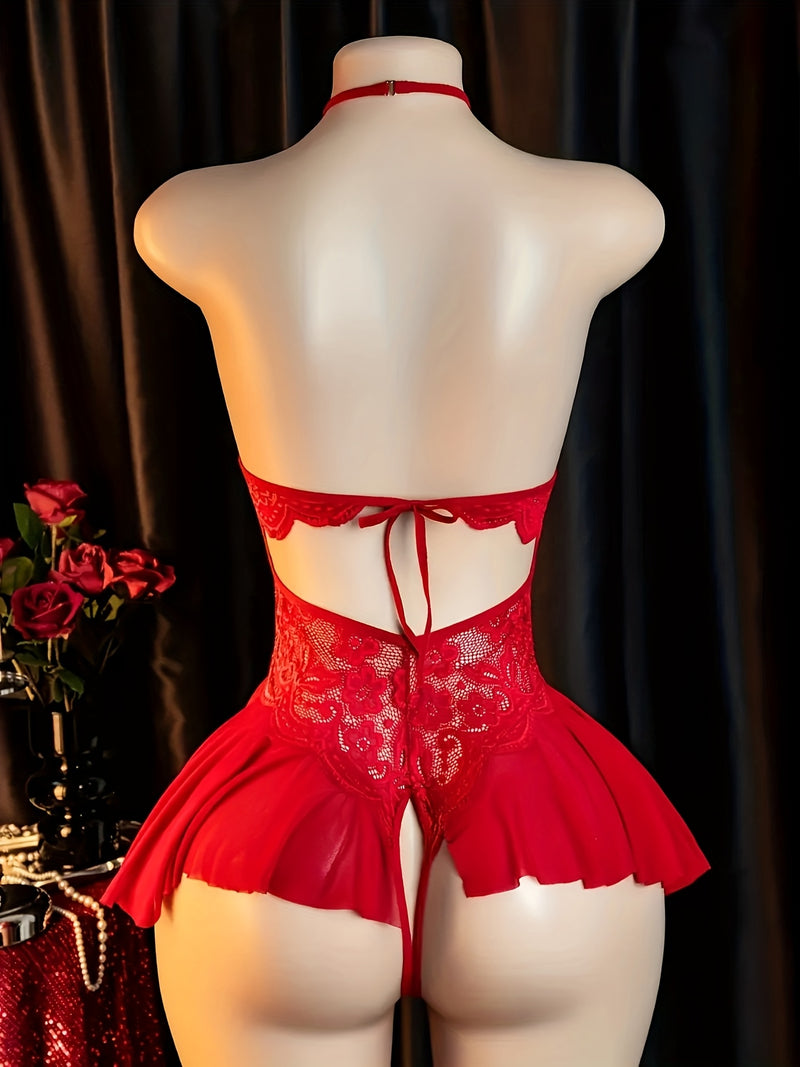 Body sexy rojo de encaje con tirantes al cuello, vestido mini sin espalda con corte tanga, diseño floral y detalles fruncidos para citas o conquista