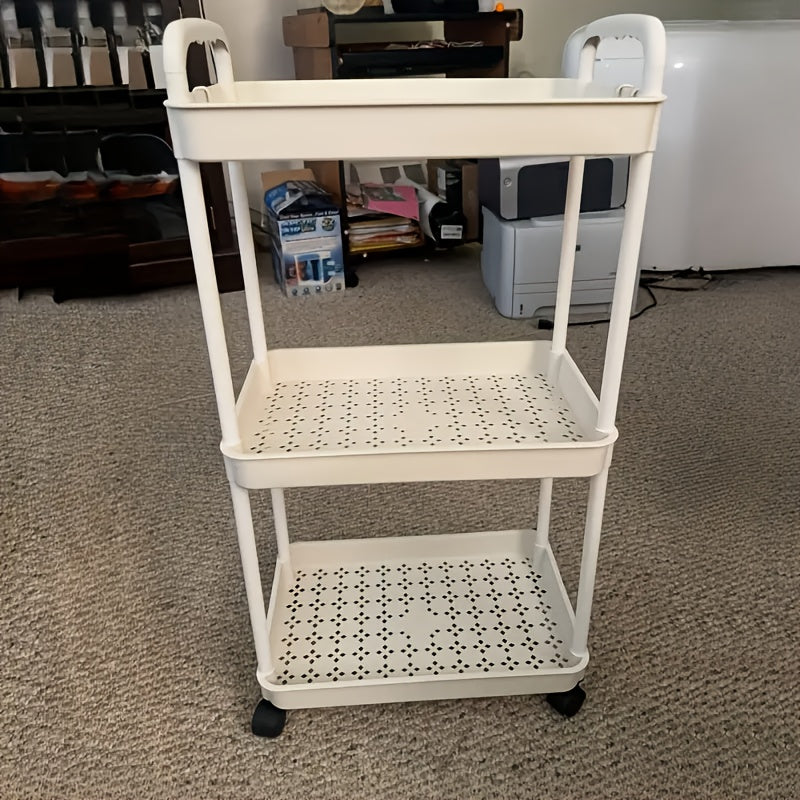 Carrito de Almacenamiento Rodante de Plástico Blanco de 3 Niveles con Asa - Organizador Multiusos para Cocina, Baño y Dormitorio - Estantes de Malla Duraderos para Acceso Fácil, Carro Utilitario Móvil | Almacenamiento Moderno | Almacenamiento Ventilado