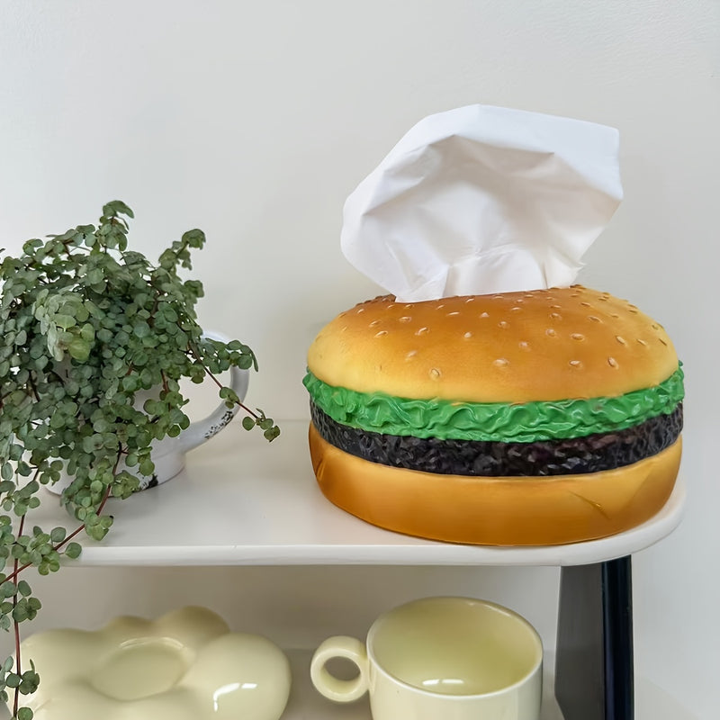 Soporte de pañuelos de forma de hamburguesa creativa - Dispensador de pañuelos de plástico redondo de tema hamburguesa, ideal para accesorios de escritorio para el hogar y la oficina - Paquete de 1