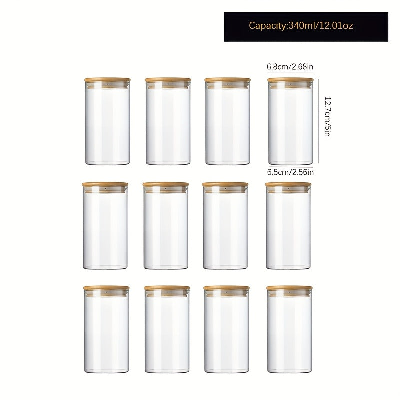 Un conjunto de doce frascos redondos transparentes con tapas de bambú, fabricados con vidrio de borosilicato de alta calidad, adecuados para almacenar granos, frijoles de café y hojas de té, con capacidades de 210 ml, 280 ml y 340 ml.