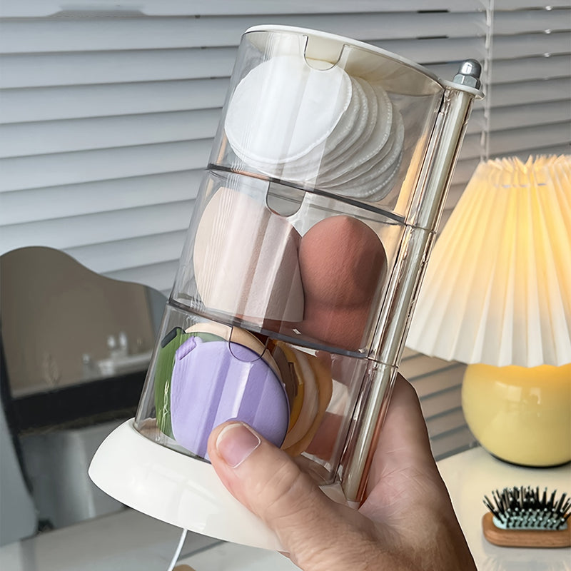 1pc Organizador de Maquillaje Transparente Giratorio - Multicapa, Soporte para Esponjas y Puff de Cosméticos a Prueba de Polvo con Tapa, Ideal para Exhibición de Tocador, Escritorio de Maquillaje