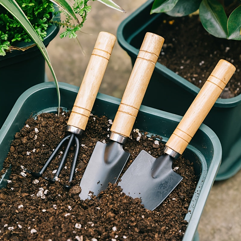 3 piezas de juego de paletas de jardín, herramientas manuales de metal duraderas, ideales para plantar, airear el suelo, macetas y podar, con mangos de madera, para no requerir electricidad