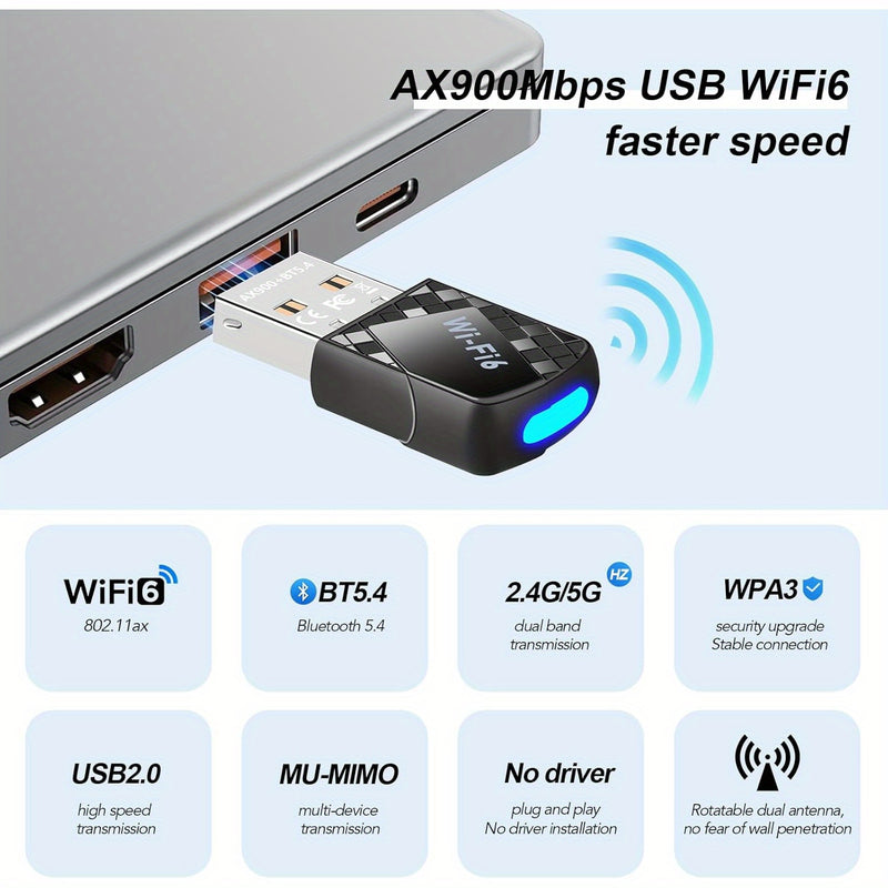 Conector de red inalámbrico AX900Mbps USB WiFi 6 con 5,4 - 2 en 1 transmisor de red inalámbrica de doble banda para PC, portátil y escritorio - Soporte WPA3, compatible con Windows 11/10/7, doble banda 2,4G/5G, no necesita batería, modo de alimentación U