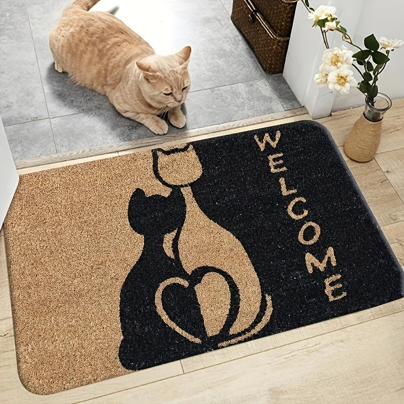 -1pc Felpudo de Bienvenida con Patrón de Gato, Poliéster Antideslizante Fácil de Limpiar Alfombra de Entrada Adecuada para Baño Cocina Comedor Sala de Estar Dormitorio, Jardín