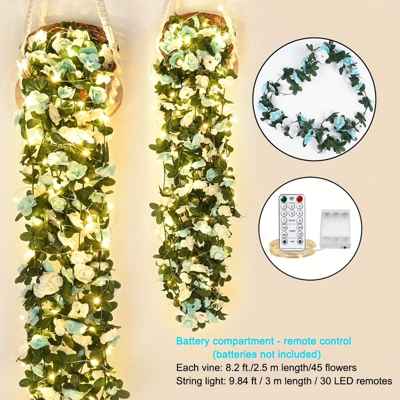 Luces de Cadena de Vid de 45 Rosas con Control Remoto - 299.92cm, 30 Luces de Hadas en Rosa Cálido LED, Guirnalda de Flores Artificiales a Pilas para Ambiente Romántico en el Hogar, Bodas, Fiestas, Decoración de Jardín - Uso Interior y Exterior (Pilas No