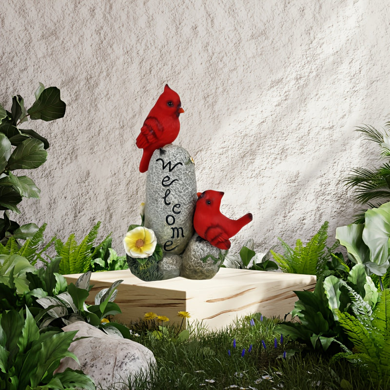 Estatua de pájaro rojo alimentada por energía solar - Decoración de jardín al aire libre con letrero "BIENVENIDO", adorno de césped iluminado, ideal para regalos de Día de la Madre y Día del Padre, escultura de resina eficiente en energía, acento festivo