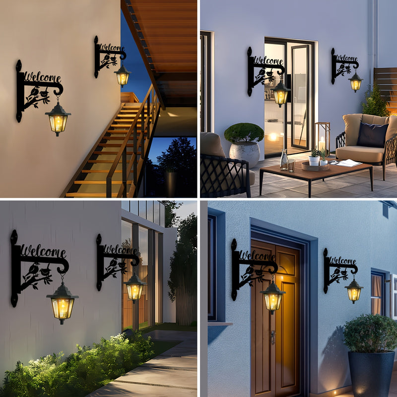1 pieza de luz solar exterior hexagonal con silueta de pájaro y gancho de planta - Iluminación solar LED para porche, patio, terraza, garaje y paredes exteriores, ahorro de energía y fácil instalación, acabado metálico antiguo, acabado pulido, lámpara de