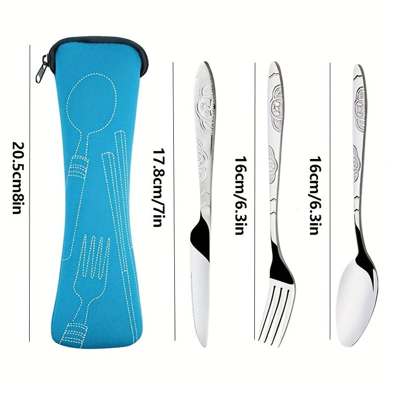Juego de 3 piezas de cubiertos portátiles, cuchillo, tenedor y cuchara de acero inoxidable con estampado, para camping, barbacoa y uso familiar, incluye bolsa