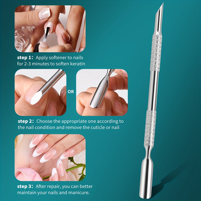 Púsher de callos de acero inoxidable profesional, quitacallos de doble cabeza con papel de lija de 240 granos, herramienta de preparación de uñas para manicura pedicura arte, producto de cuidado de uñas para pies y manos sin fragancia