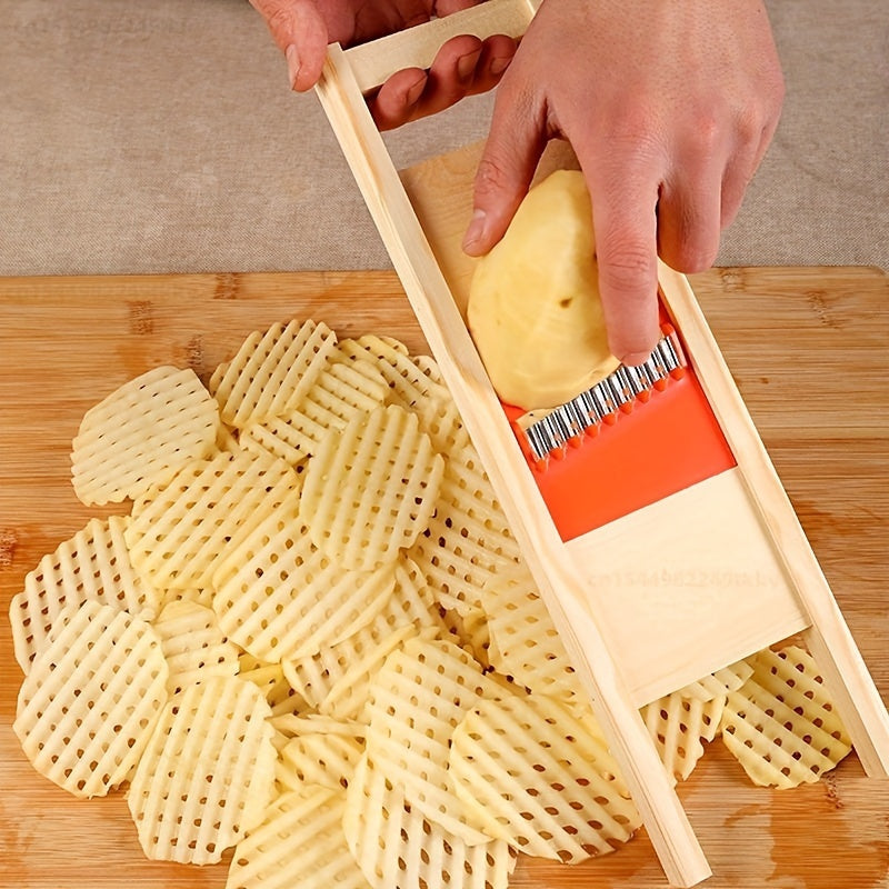1pc Cortador Manual de Patatas de Madera - Cuchilla Ondulada Reciclada para Papas Fritas y Verduras, Utensilio de Cocina con Mango Ergonómico, Sin Necesidad de Electricidad, Rebanadora y Picadora de Vegetales, Diseño en Madera Natural, Agarre Cómodo