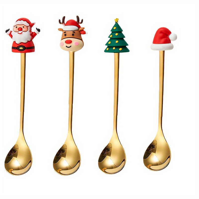 Juego de 4 Cucharas de Café Navideñas - Acero Inoxidable, Diseños de Santa y Reno para Cenas Festivas