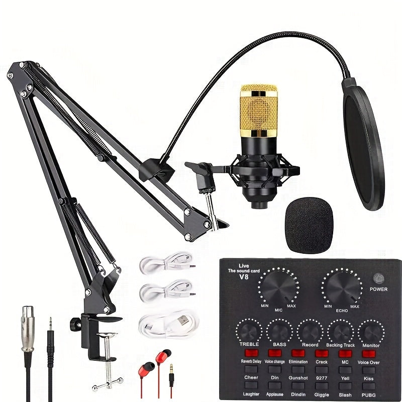 Kit de Podcast con Tarjeta de Sonido V8 y Micrófono LCT240 Cableado, Adecuado para Streaming, Juegos y Karaoke