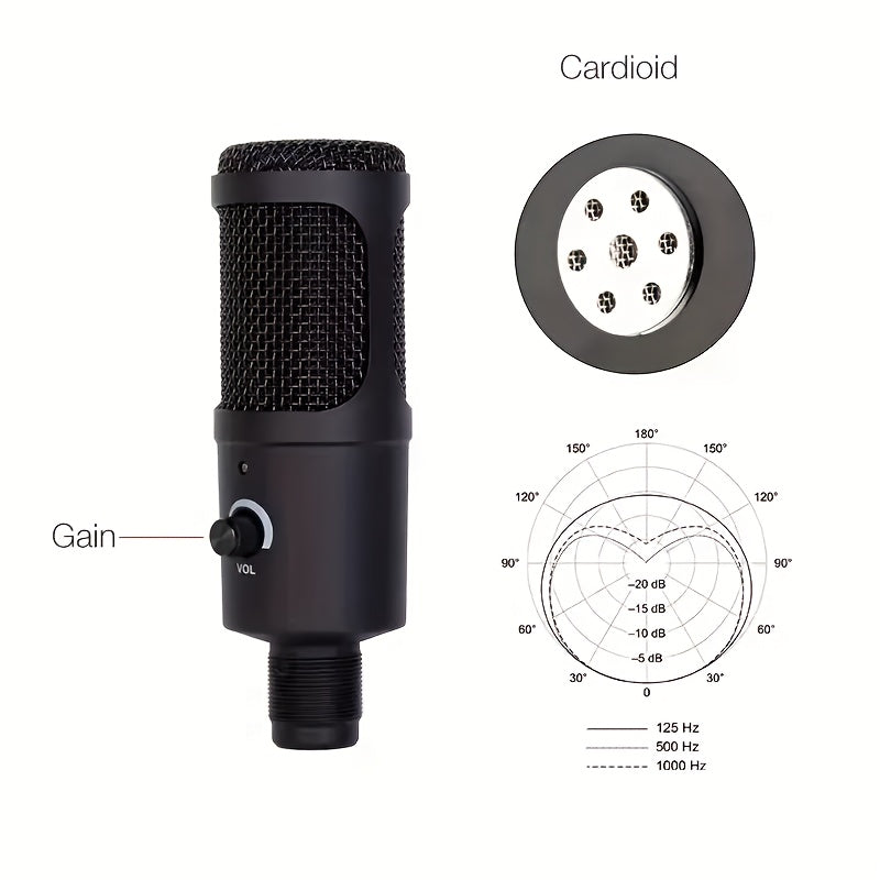 Micrófono de condensador USB con cable para computadoras y teléfonos, adecuado para karaoke, grabación, audiolibros y transmisión en vivo.