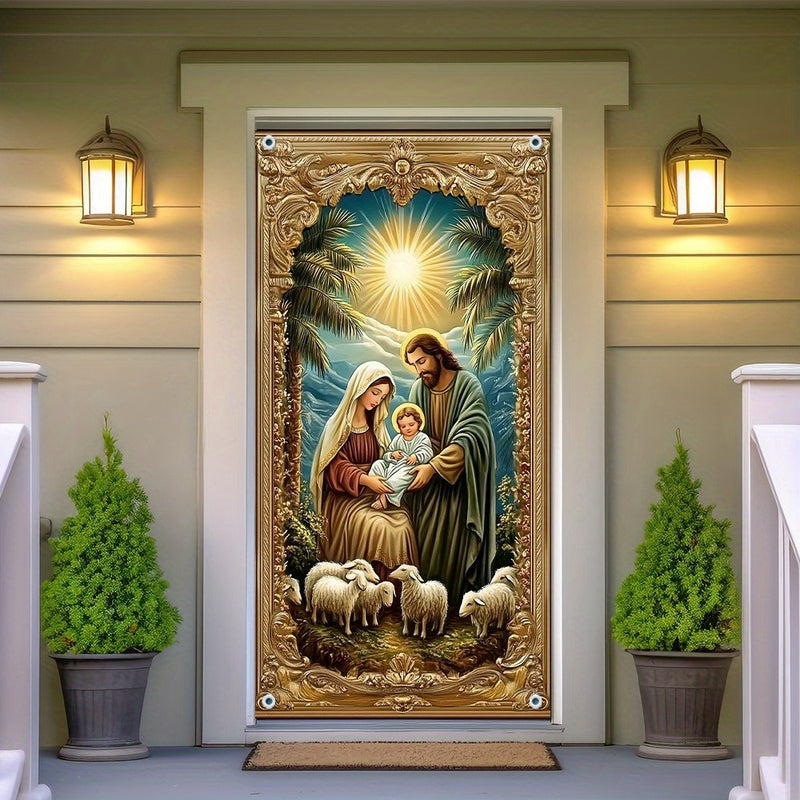 Banner de Puerta 2D, Bandera de Puerta 2D, 90x180cm/35.4x70.9pulgadas, Material de Poliéster - Banner de Puerta con Escena del Nacimiento, Decoración Estacional Adecuada para Reuniones en Casa y Decoración de Dormitorio, Apto para Diversas Ocasiones, No