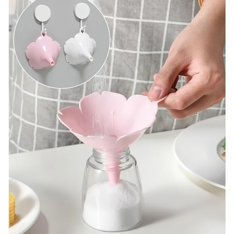 Embudo de Cocina de Flor de Cerezo - Plástico Duradero y Fácil de Limpiar para Aceite de Oliva y Condimentos, Incluye Gancho de Almacenamiento - Blanco/Rosa