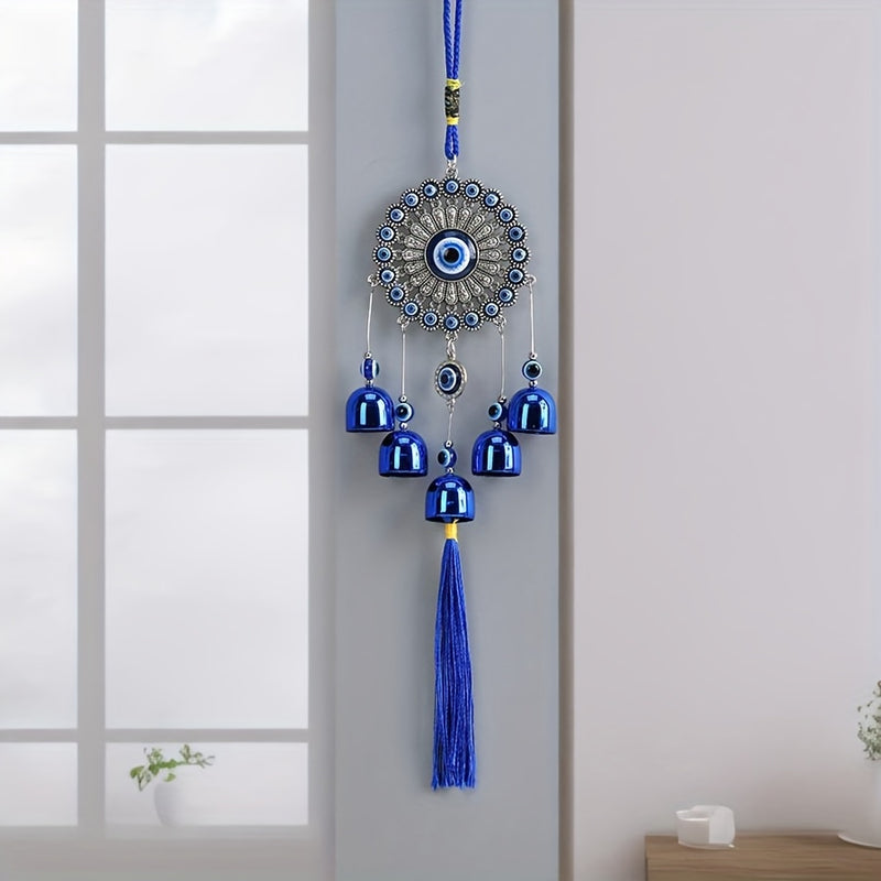 1pc Placa de Flor con Borla y Campana de Ojo Azul para Decoración de Pared de Ventana de Entrada, Campanilla de Viento para Pasillo Exterior, Balcón y Patio