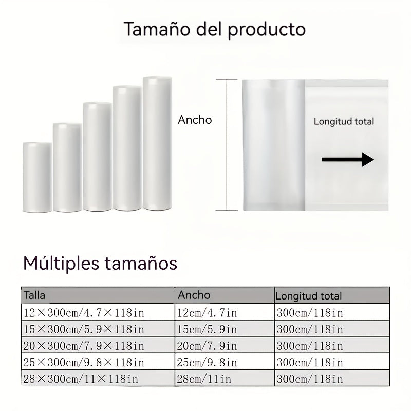 Juego de 5 Rollos Selladores al Vacío Libres de BPA, Bolsas Texturizadas Duraderas y Resistentes a Perforaciones, Ancho Variado (Diversos Anchos) y 3 Metros Cada Uno, Perfecto para la Conservación de Alimentos, Sous Vide y Almacenamiento en Gran Volume,