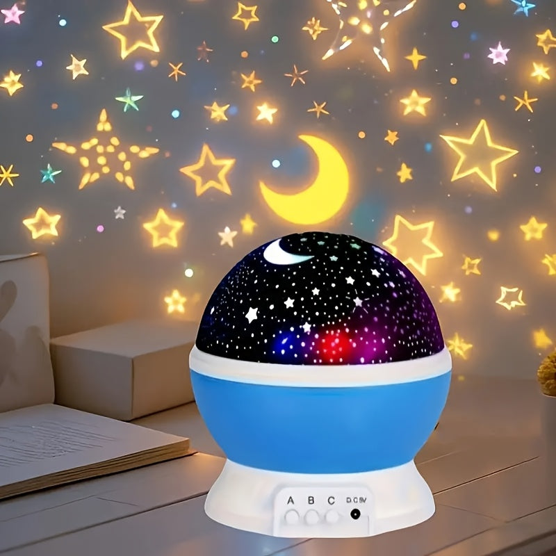 Un proyector que muestra un cielo estrellado, con luna y estrellas, funciona mediante USB, tiene una lámpara que gira 360°, ofrece varias opciones de color y es perfecto como regalo para adolescentes y adultos en diferentes celebraciones, ideal para deco