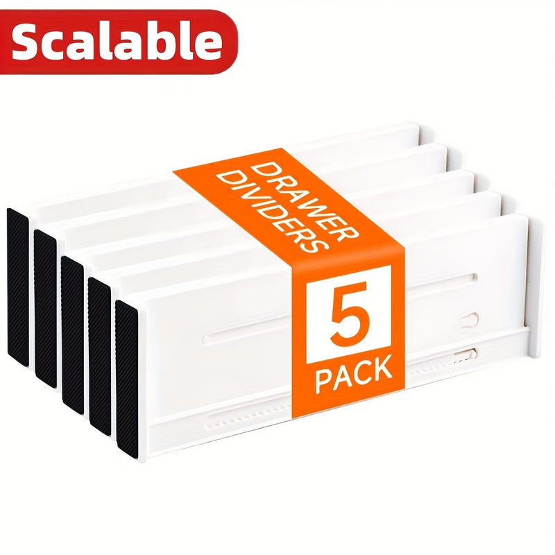 5 piezas de Divisores Ajustables y Extensibles para Cajones - Organizadores Duraderos de Plástico para Utensilios de Cocina, Ropa, Herramientas - Altura de 8.0 cm, Ancho Ajustable (27.0 cm - 44.98 cm), Blanco, Organizador de Cajón de Cocina