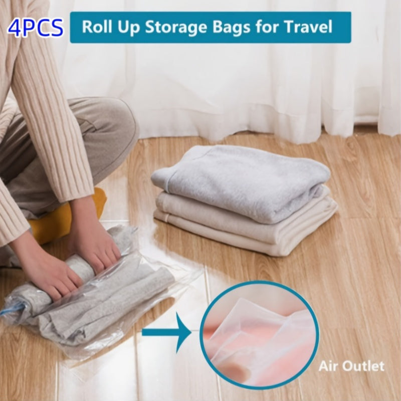 Bolsas de ahorro de espacio de 4 paquetes, bolsas de almacenamiento de compresión al vacío sin bomba, organizador de viaje enrollable, bolsas de plástico multiusos con cremallera para empacar ropa, equipaje, mochilas - Forma rectangular, uso sin electric